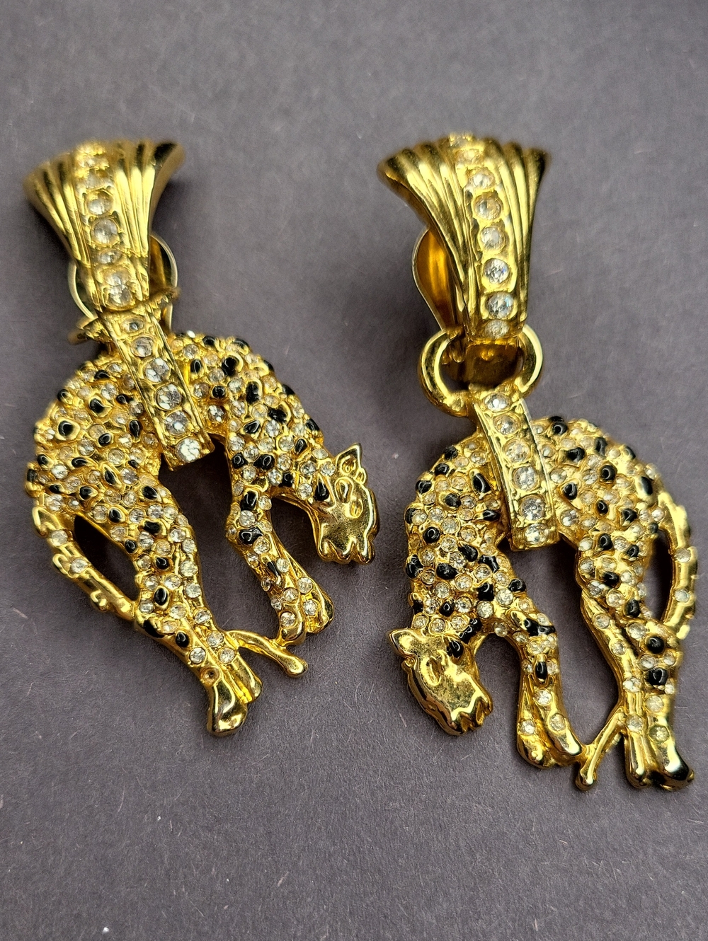 Gold-Tone Panther Pendant Earrings with Black and Clear Stones